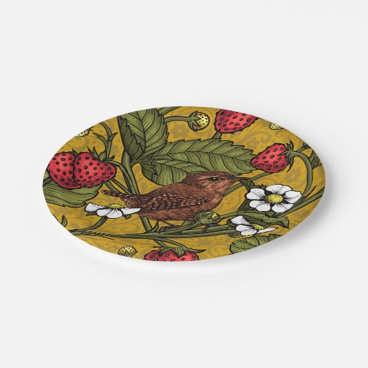 Wrens en aardbeien op mosterd papieren bordje (Gekanteld)