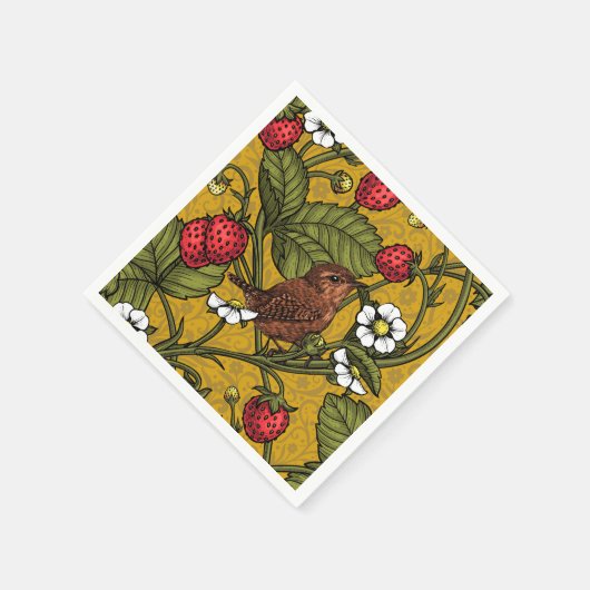 Wrens en aardbeien op mosterd servet (Hoek)