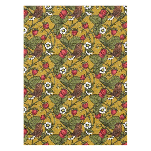 Wrens en aardbeien op mosterd tafelkleed (Voorkant)