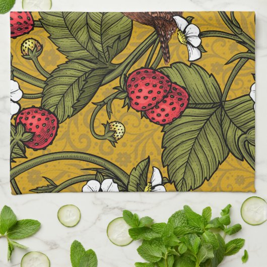 Wrens en aardbeien op mosterd theedoek (Gevouwen)