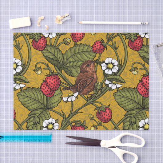 Wrens en aardbeien op mosterd tissuepapier (Craft)