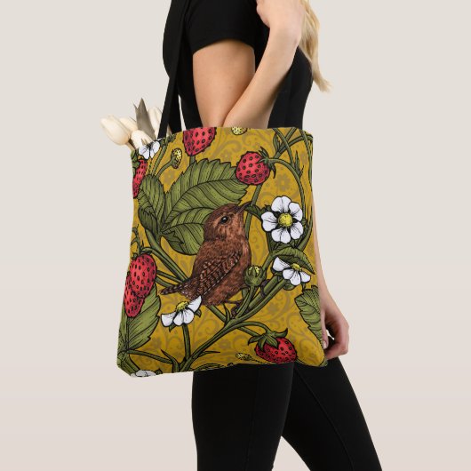 Wrens en aardbeien op mosterd tote bag (Dichtbij)