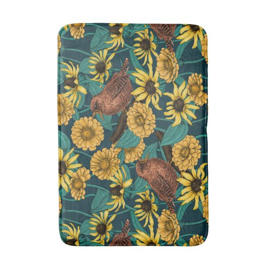 Wrens en bloemen op donkerblauw badmat (Voorkant Verticaal)