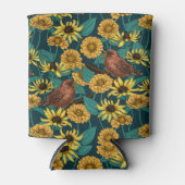 Wrens en bloemen op donkerblauw blikjeskoeler (Voorkant)