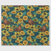 Wrens en bloemen op donkerblauw cadeaupapier (Vlak)