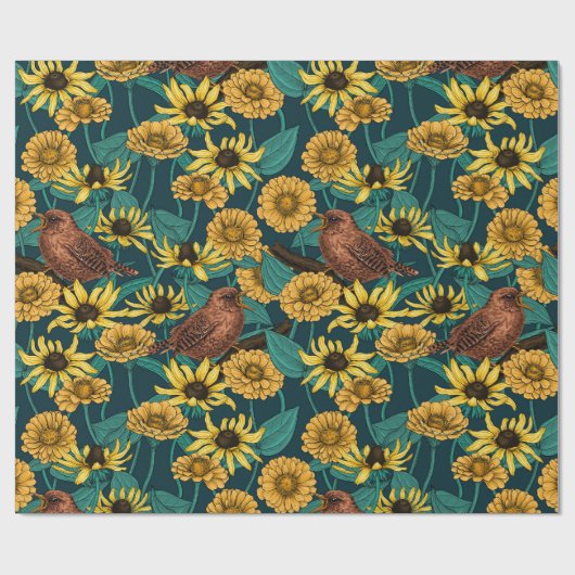 Wrens en bloemen op donkerblauw cadeaupapier (Vlak)