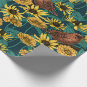 Wrens en bloemen op donkerblauw cadeaupapier (Hoek)