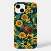 Wrens en bloemen op donkerblauw Case-Mate iPhone case (Achterkant)