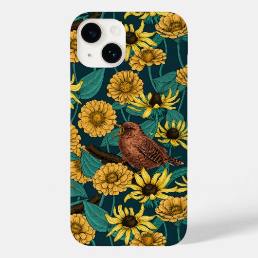 Wrens en bloemen op donkerblauw Case-Mate iPhone case (Achterkant)