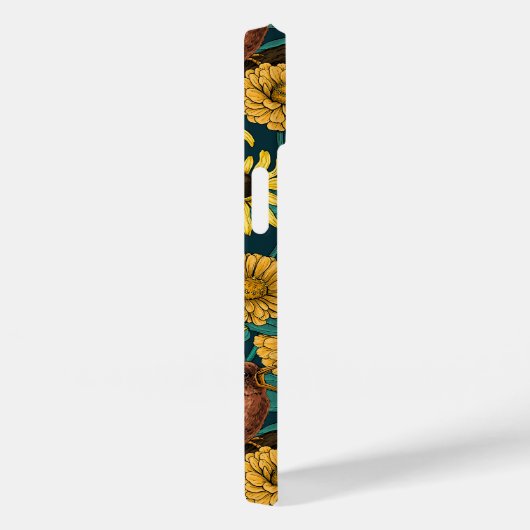 Wrens en bloemen op donkerblauw Case-Mate iPhone case (Achterkant / Rechts)