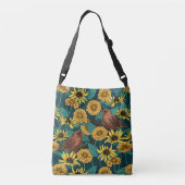 Wrens en bloemen op donkerblauw crossbody tas (Achterkant)