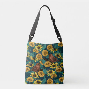 Wrens en bloemen op donkerblauw crossbody tas