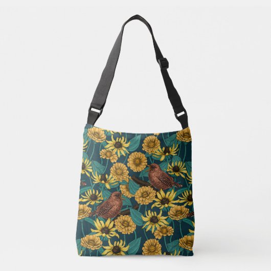 Wrens en bloemen op donkerblauw crossbody tas (Voorkant)