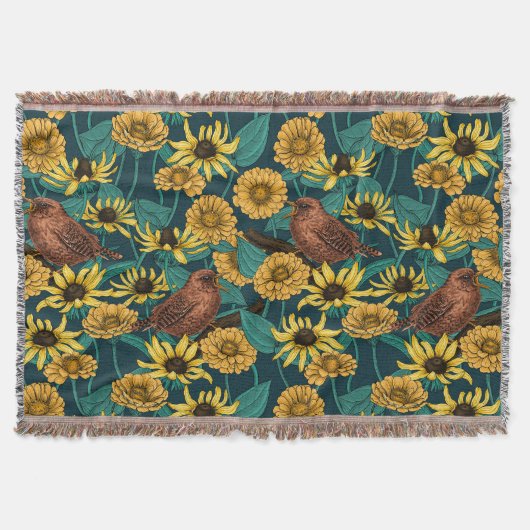 Wrens en bloemen op donkerblauw deken (Voorkant)