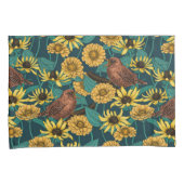 Wrens en bloemen op donkerblauw kussensloop (Voorkant-Rechts)