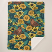 Wrens en bloemen op donkerblauw sherpa deken (Voorkant)