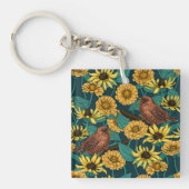 Wrens en bloemen op donkerblauw sleutelhanger (voorkant)