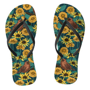 Wrens en bloemen op donkerblauw teenslippers