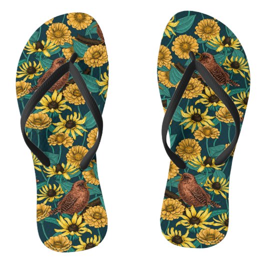 Wrens en bloemen op donkerblauw teenslippers (Voetbed)