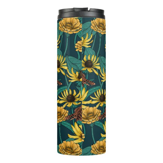 Wrens en bloemen op donkerblauw thermosbeker (Achterkant)