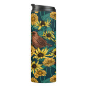 Wrens en bloemen op donkerblauw thermosbeker (Geroteerd rechts)