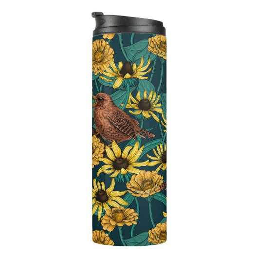 Wrens en bloemen op donkerblauw thermosbeker (Geroteerd rechts)