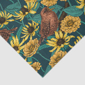 Wrens en bloemen op donkerblauw tissuepapier (Detail)