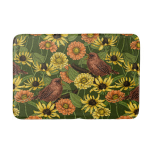 Wrens en bloemen op groen badmat