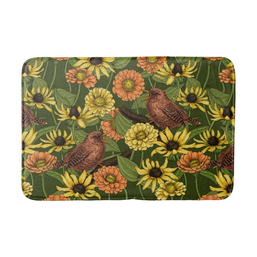 Wrens en bloemen op groen badmat (Voorkant)