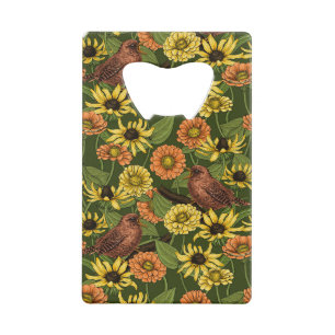 Wrens en bloemen op groen creditkaart flessenopener