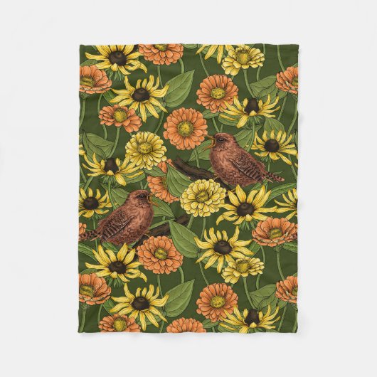 Wrens en bloemen op groen fleece deken (Voorkant)