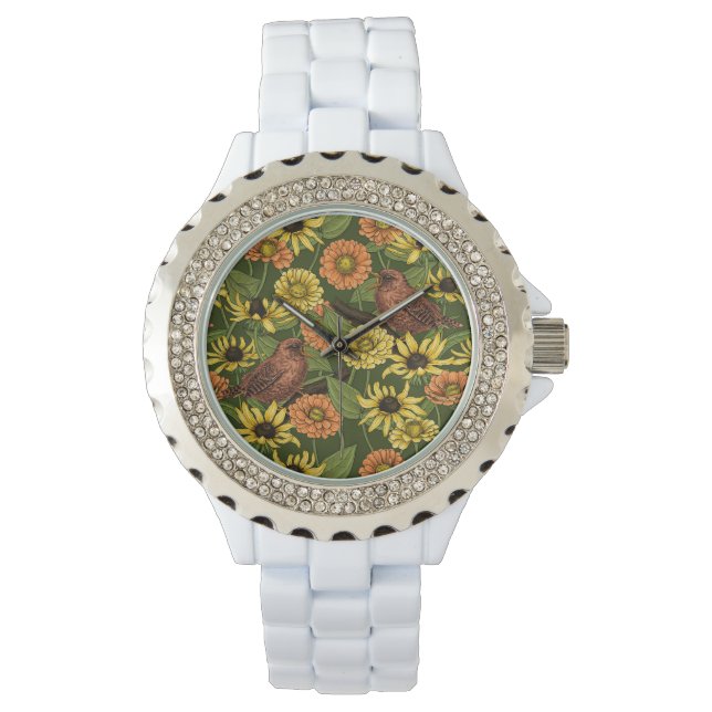 Wrens en bloemen op groen horloge (Voorkant)