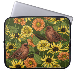 Wrens en bloemen op groen laptop sleeve