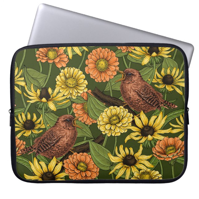 Wrens en bloemen op groen laptop sleeve (Voorkant)