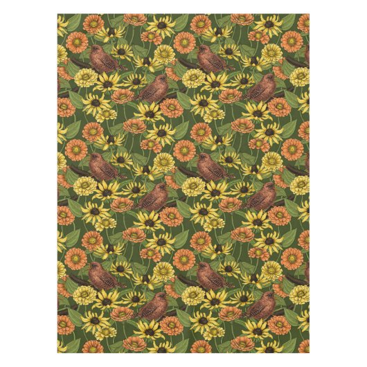 Wrens en bloemen op groen tafelkleed (Voorkant)