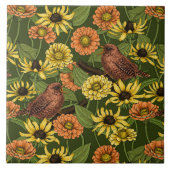 Wrens en bloemen op groen tegeltje (Voorkant)
