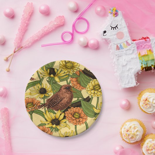Wrens en bloemetjes op bord geel (Feest)