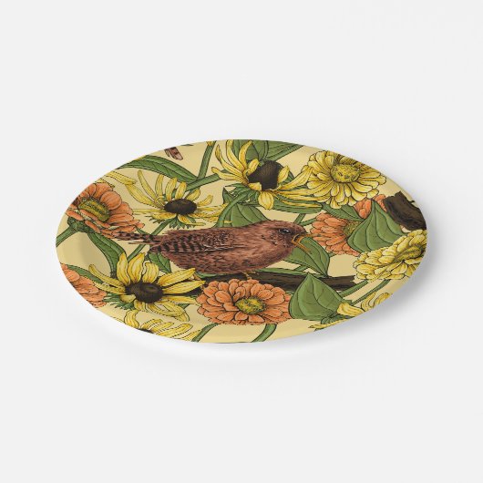 Wrens en bloemetjes op bord geel (Gekanteld)