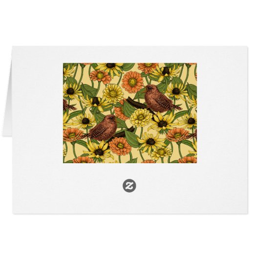 Wrens en bloemetjes op bord geel (Achterkant Horizontaal)