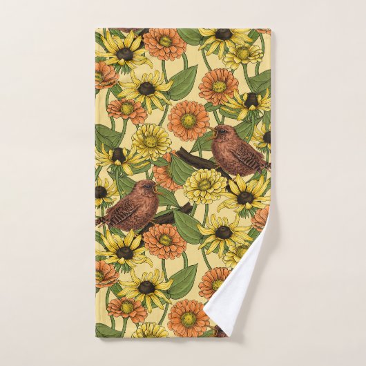 Wrens en bloemetjes op bord geel bad handdoek (Handdoek)