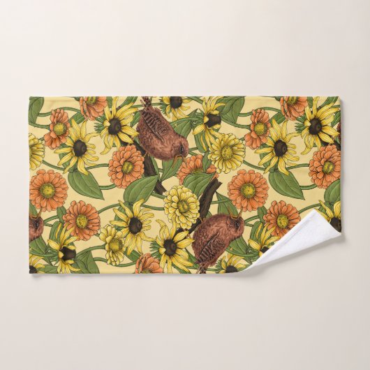 Wrens en bloemetjes op bord geel bad handdoek (Handdoek)