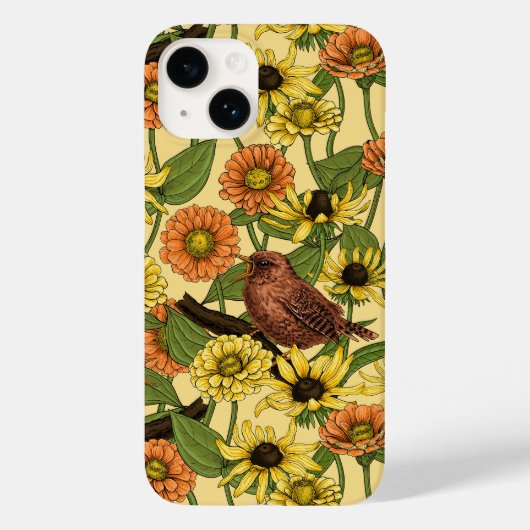 Wrens en bloemetjes op bord geel Case-Mate iPhone case (Achterkant)