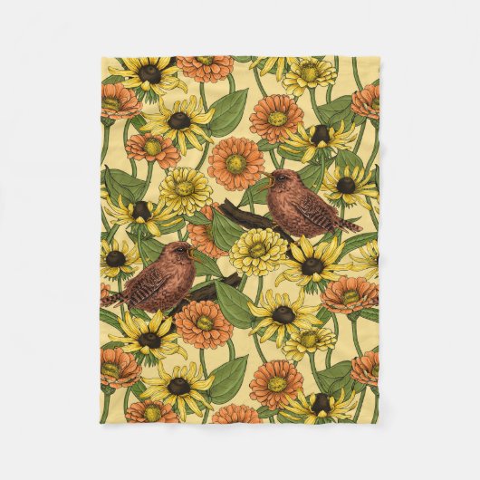 Wrens en bloemetjes op bord geel fleece deken (Voorkant)