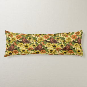 Wrens en bloemetjes op bord geel lichaamskussen