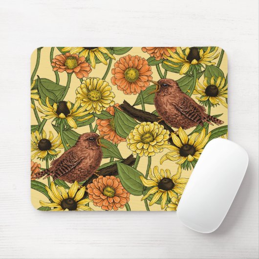 Wrens en bloemetjes op bord geel muismat (Met muis)