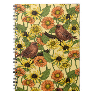 Wrens en bloemetjes op bord geel notitieboek