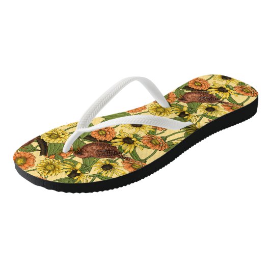 Wrens en bloemetjes op bord geel teenslippers (Schuin)