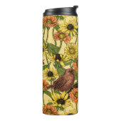 Wrens en bloemetjes op bord geel thermosbeker (Gedraaid links)