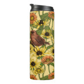 Wrens en bloemetjes op bord geel thermosbeker (Geroteerd rechts)