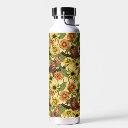 Wrens en bloemetjes op bord geel waterfles (Links)